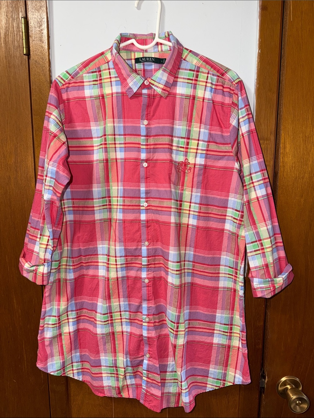 Lauren Ralph Lauren Tunic size Large embroidered monogram on pocket pink Plaid